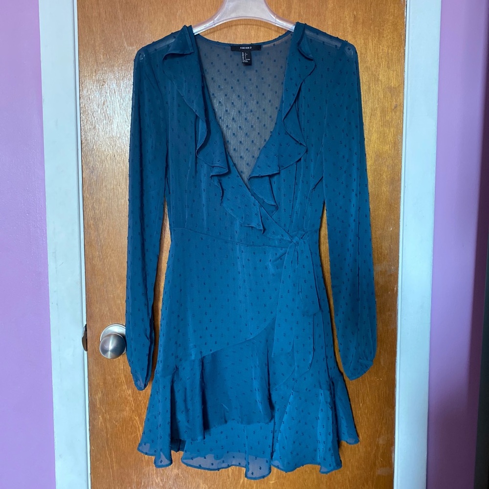 Teal clip dot chiffon wrap dress